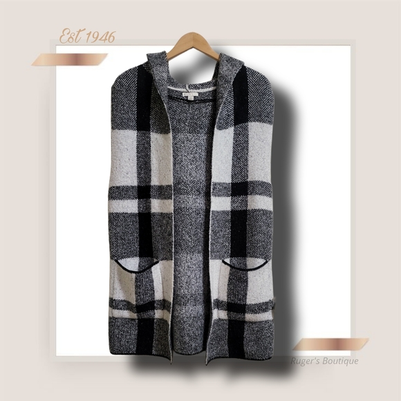 🌿Est 1946 Women's Medium Black White Buffalo Plaid Sleeveless Hooded Cardigan - Picture 3 of 13